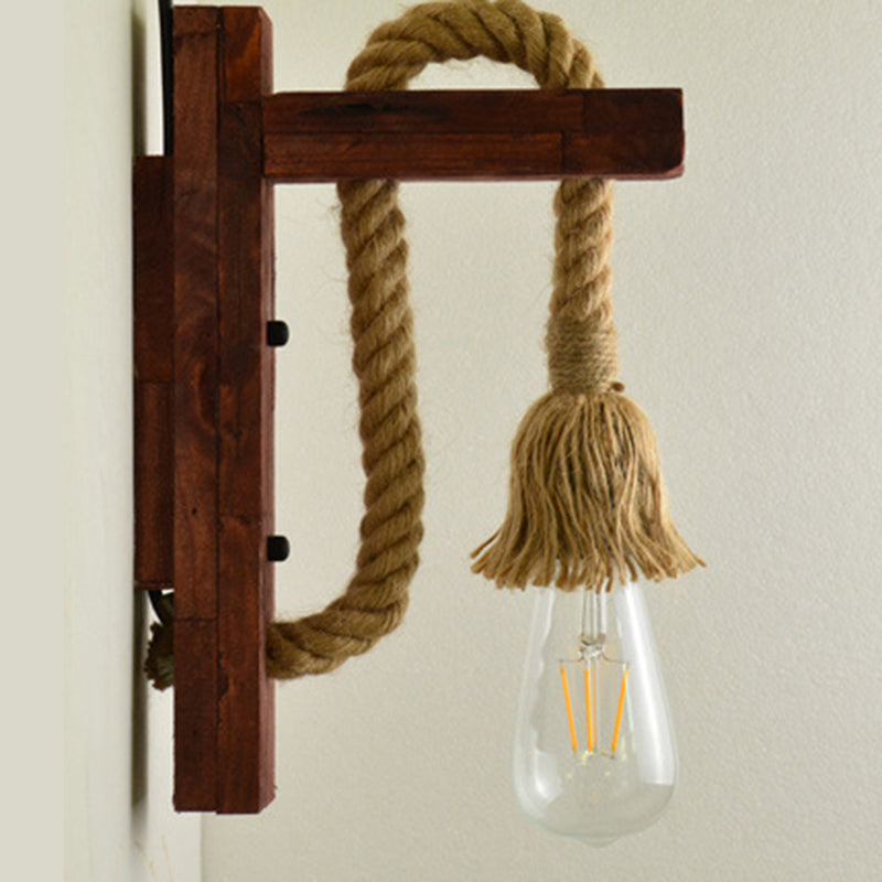 Rectangle Wood Hemp Rope 1-Light Wall Sconce Lamp