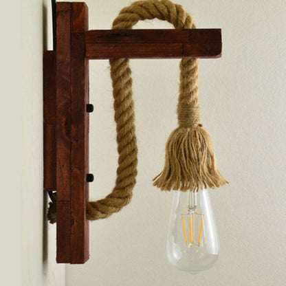 Rectangle Wood Hemp Rope 1-Light Wall Sconce Lamp