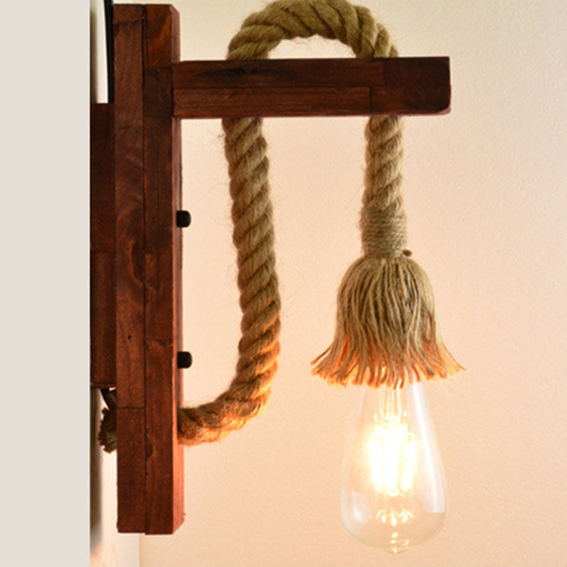 Rectangle Wood Hemp Rope 1-Light Wall Sconce Lamp