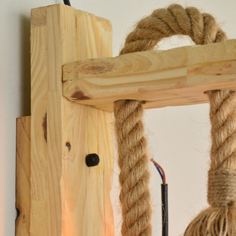 Rectangle Wood Hemp Rope 1-Light Wall Sconce Lamp