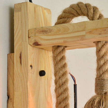 Rectangle Wood Hemp Rope 1-Light Wall Sconce Lamp