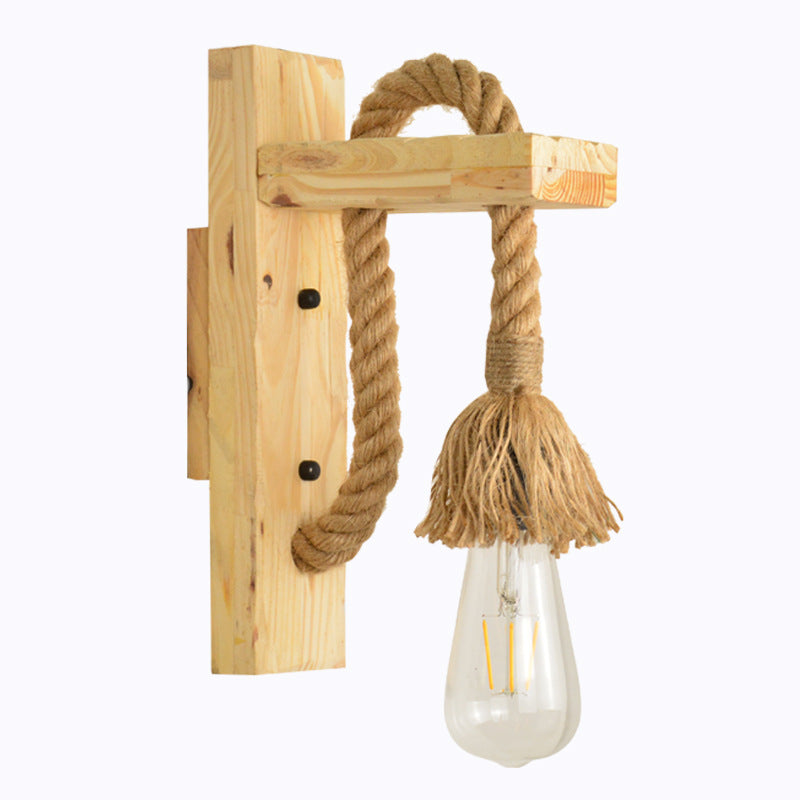 Rectangle Wood Hemp Rope 1-Light Wall Sconce Lamp