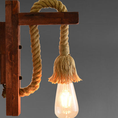 Rectangle Wood Hemp Rope 1-Light Wall Sconce Lamp