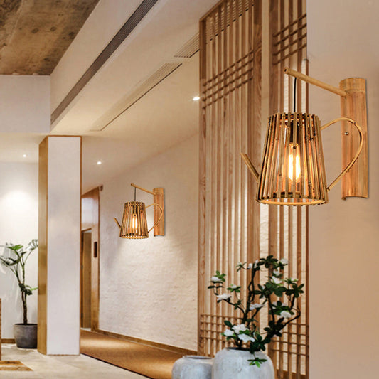 Chinese House Teapot Shape Bamboo 1-Light Wall Sconce Lamp