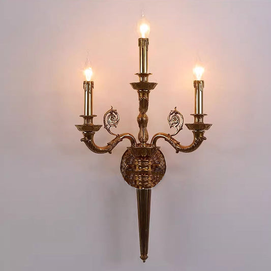 French Carved Curved Rod Copper 3-Light Wall Sconce Lamp
