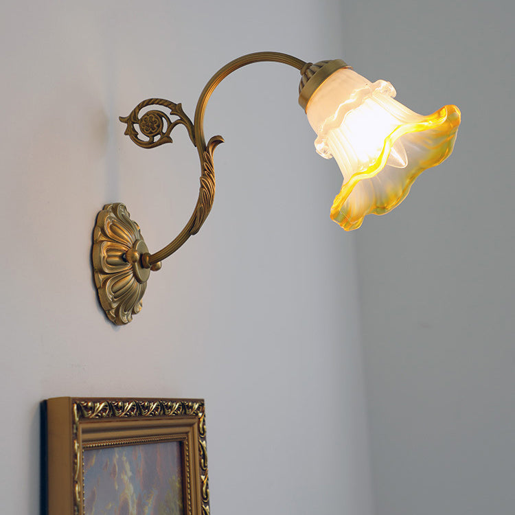 French Flower Brass Glass 1-Light Wall Sconce Lamp