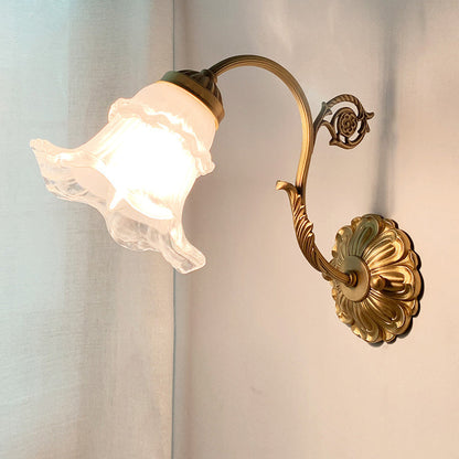 French Flower Brass Glass 1-Light Wall Sconce Lamp