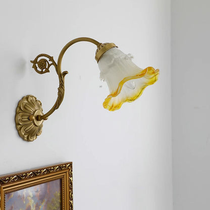 French Flower Brass Glass 1-Light Wall Sconce Lamp