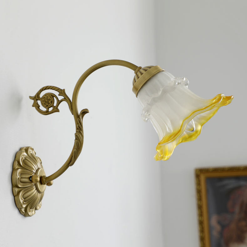 French Flower Brass Glass 1-Light Wall Sconce Lamp