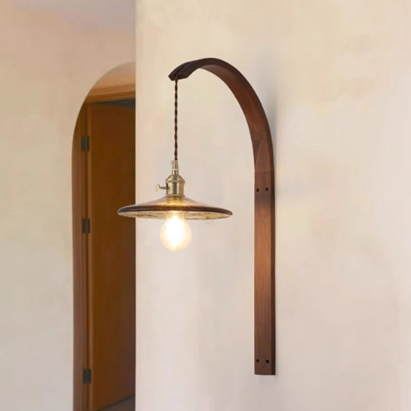 Japanese Ceramic Shade Wood 1-Light Wall Sconce Lamp