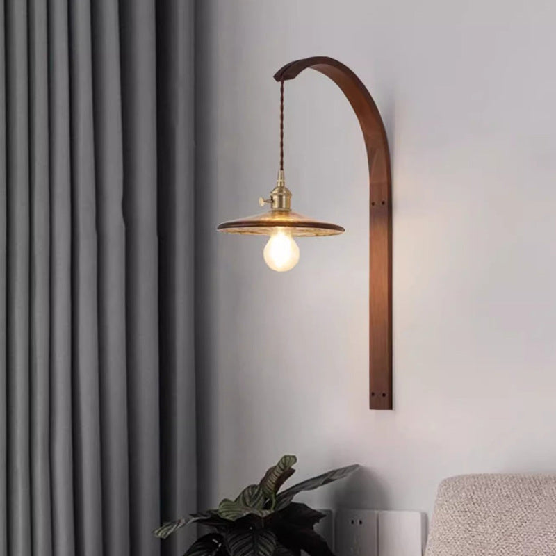 Japanese Ceramic Shade Wood 1-Light Wall Sconce Lamp