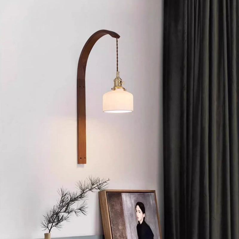Japanese Ceramic Shade Wood 1-Light Wall Sconce Lamp