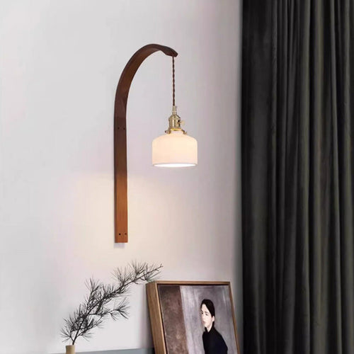Japanese Ceramic Shade Wood 1-Light Wall Sconce Lamp