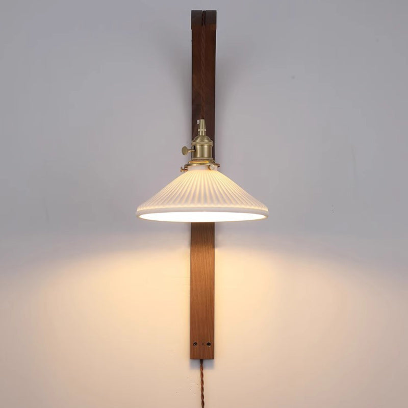 Japanese Ceramic Shade Wood 1-Light Wall Sconce Lamp
