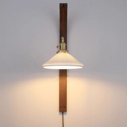 Japanese Ceramic Shade Wood 1-Light Wall Sconce Lamp