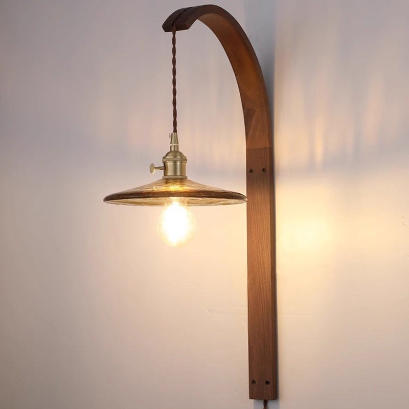 Japanese Ceramic Shade Wood 1-Light Wall Sconce Lamp