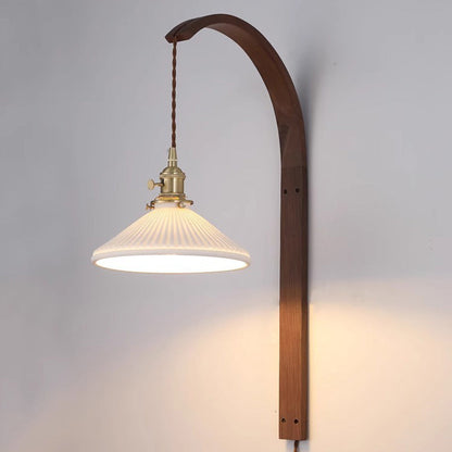 Japanese Ceramic Shade Wood 1-Light Wall Sconce Lamp