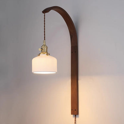 Japanese Ceramic Shade Wood 1-Light Wall Sconce Lamp