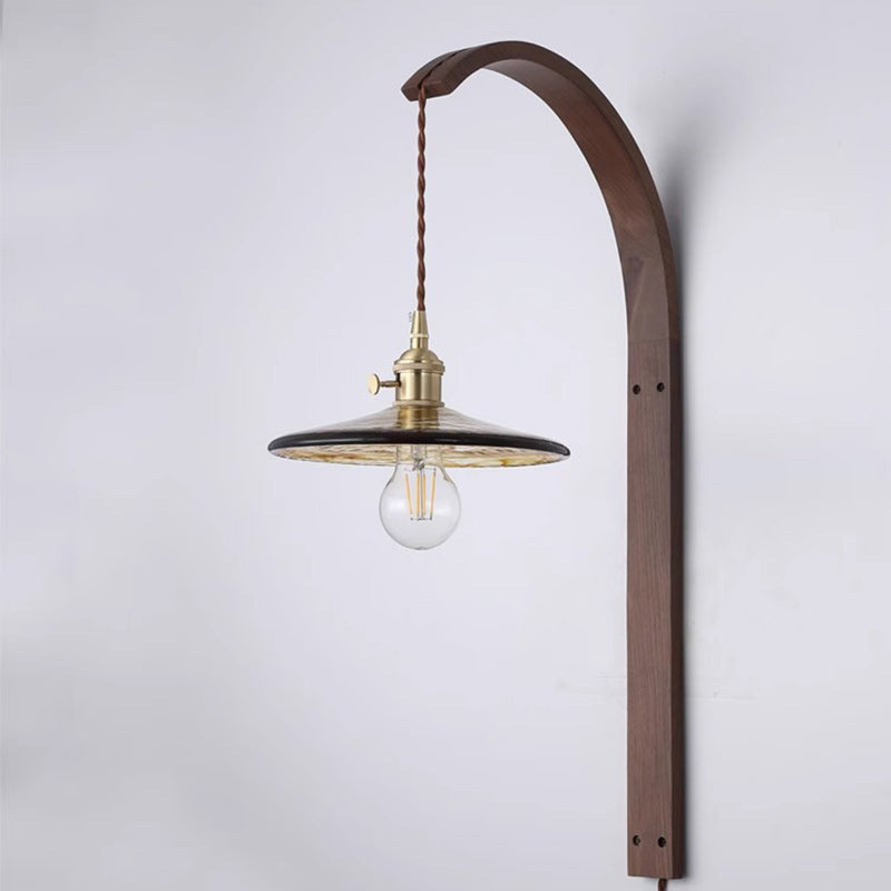 Japanese Ceramic Shade Wood 1-Light Wall Sconce Lamp