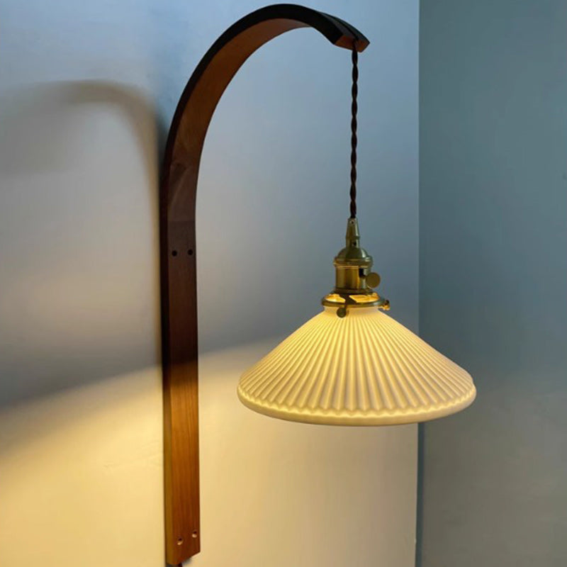 Japanese Ceramic Shade Wood 1-Light Wall Sconce Lamp