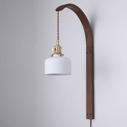 Japanese Ceramic Shade Wood 1-Light Wall Sconce Lamp
