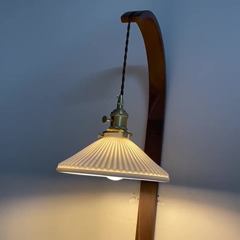 Japanese Ceramic Shade Wood 1-Light Wall Sconce Lamp