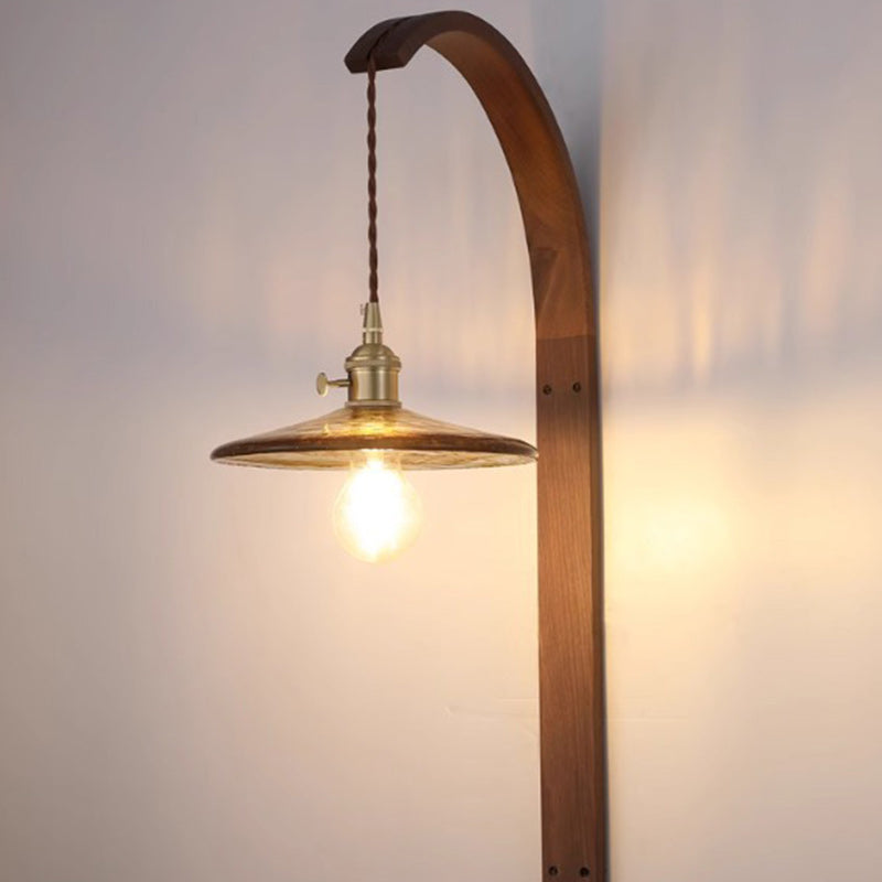 Japanese Ceramic Shade Wood 1-Light Wall Sconce Lamp
