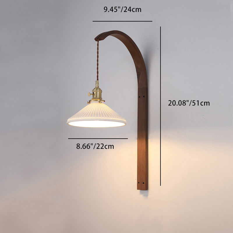 Japanese Ceramic Shade Wood 1-Light Wall Sconce Lamp