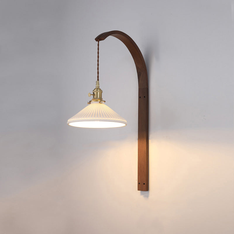 Japanese Ceramic Shade Wood 1-Light Wall Sconce Lamp