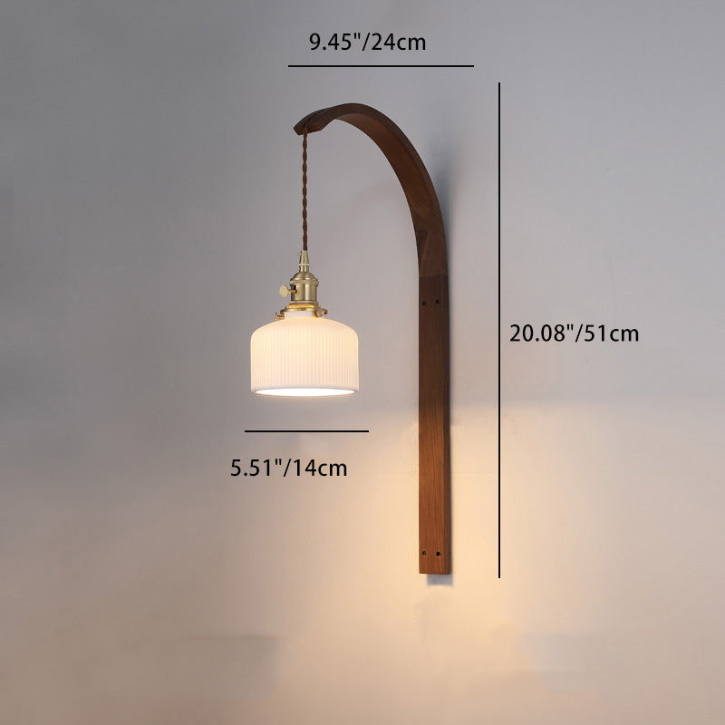 Japanese Ceramic Shade Wood 1-Light Wall Sconce Lamp