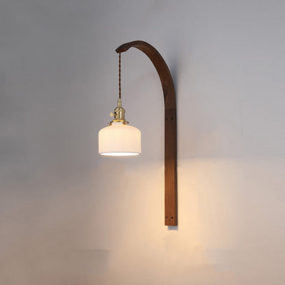 Japanese Ceramic Shade Wood 1-Light Wall Sconce Lamp