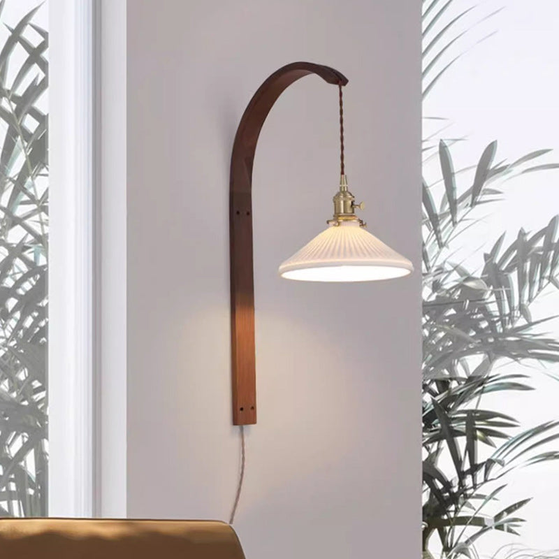 Japanese Ceramic Shade Wood 1-Light Wall Sconce Lamp