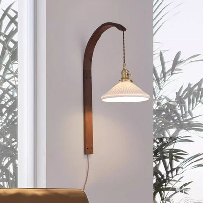 Japanese Ceramic Shade Wood 1-Light Wall Sconce Lamp
