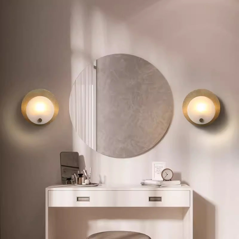 Round Full Copper Marble Shade 1-Light Wall Sconce Lamp