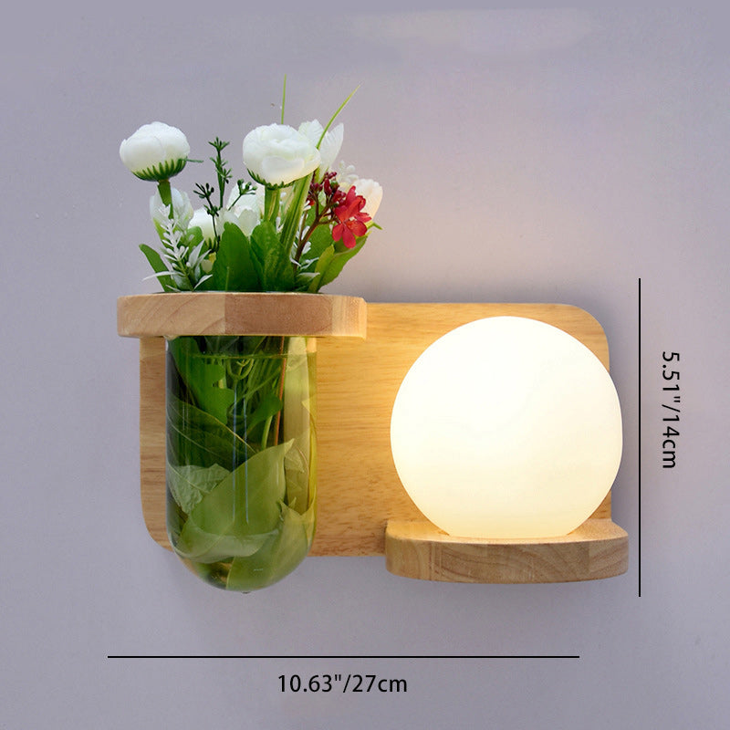 Round Vase Glass Shade Wood 1-Light Wall Sconce Lamp