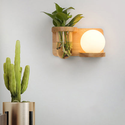 Round Vase Glass Shade Wood 1-Light Wall Sconce Lamp