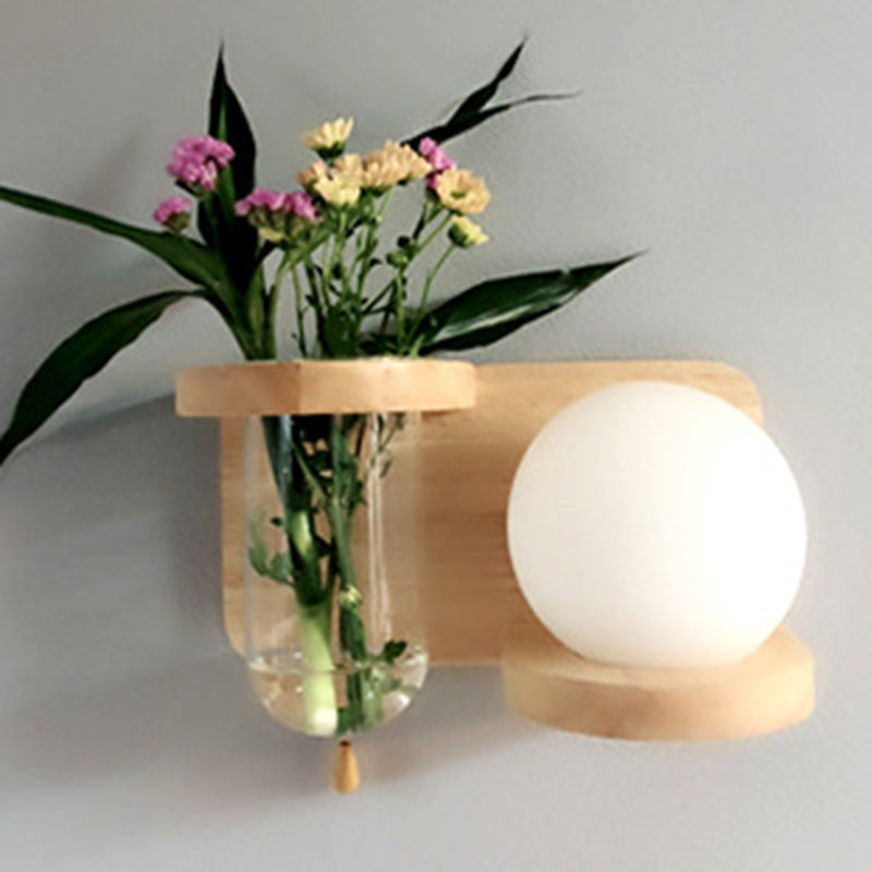 Round Vase Glass Shade Wood 1-Light Wall Sconce Lamp