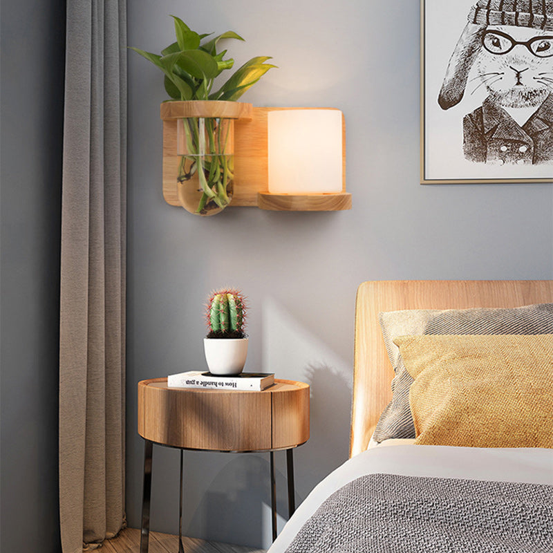 Round Vase Glass Shade Wood 1-Light Wall Sconce Lamp