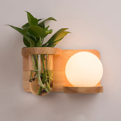 Round Vase Glass Shade Wood 1-Light Wall Sconce Lamp