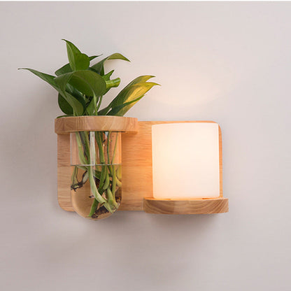 Round Vase Glass Shade Wood 1-Light Wall Sconce Lamp