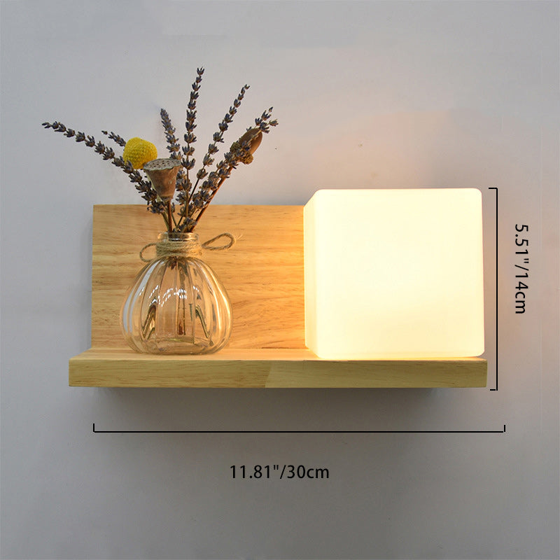 Square Rectangle Glass Shade Wood 1-Light Wall Sconce Lamp