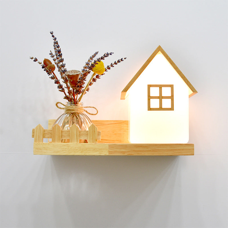 Square Rectangle Glass Shade Wood 1-Light Wall Sconce Lamp
