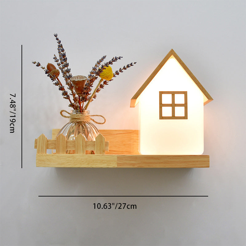 Square Rectangle Glass Shade Wood 1-Light Wall Sconce Lamp