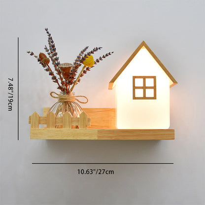Square Rectangle Glass Shade Wood 1-Light Wall Sconce Lamp