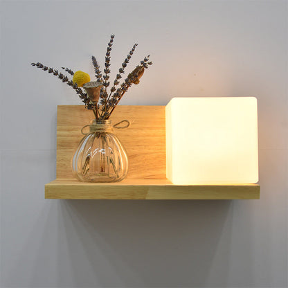 Square Rectangle Glass Shade Wood 1-Light Wall Sconce Lamp