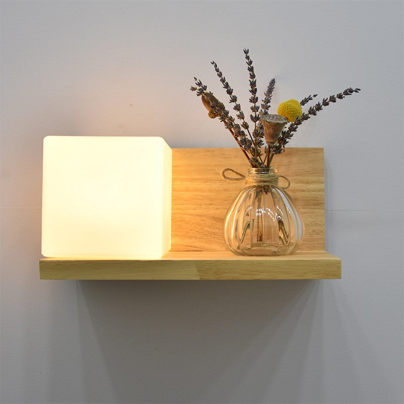 Square Rectangle Glass Shade Wood 1-Light Wall Sconce Lamp