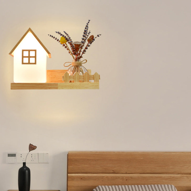 Square Rectangle Glass Shade Wood 1-Light Wall Sconce Lamp
