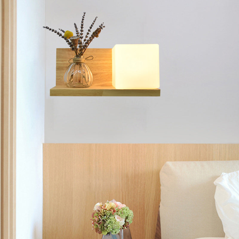 Square Rectangle Glass Shade Wood 1-Light Wall Sconce Lamp