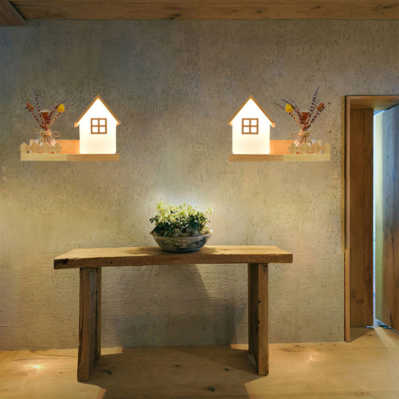 Square Rectangle Glass Shade Wood 1-Light Wall Sconce Lamp