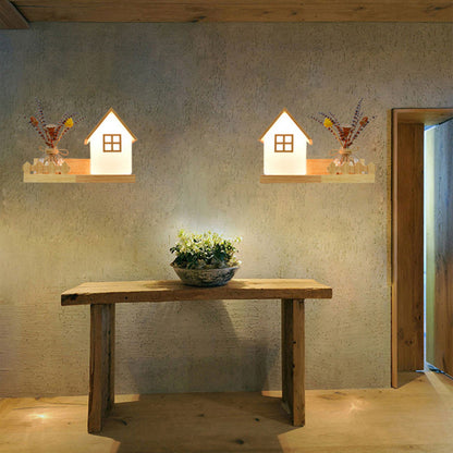 Square Rectangle Glass Shade Wood 1-Light Wall Sconce Lamp